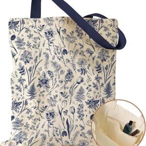 Aesthetic Canvas Tote Bag with Inner Pocket for Women, Cloth Cotton Totes Bag with Pattern for Shopping, Gym(Blue Line Flower)