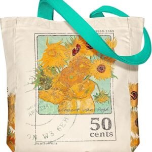 Aesthetic Heavy Canvas Tote Bag - with Pocket for Women Large Size 14''×16''×3.5'' Cloth Cotton Bags for Shopping(Green Sunflower)