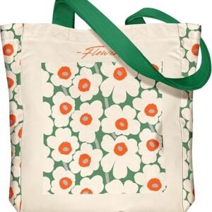 Aesthetic Heavy Canvas Tote Bag - with Pocket for Women Large Size 14''×16''×3.5'' Cloth Cotton Bags for Shopping(Green White Flower)