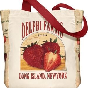 Aesthetic Heavy Canvas Tote Bag - with Pocket for Women Large Size 14''×16''×3.5'' Cloth Cotton Bags for Shopping(Strawberry Farms)
