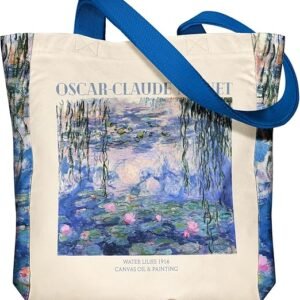 Aesthetic Heavy Canvas Tote Bag - with Pocket for Women Large Size 14''×16''×3.5'' Cloth Cotton Bags for Shopping(Water Lily)