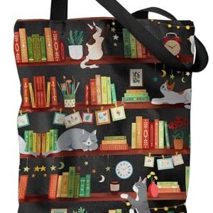 Aesthetic Canvas Tote Bag - Reusable Shoulder Tote Bag for Women Lady Casual Vacation, Shopping, Work, Gym（Bookshelf Cats）