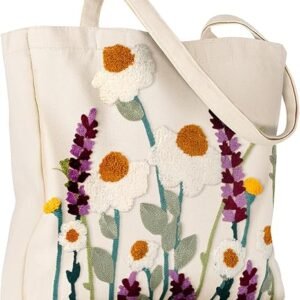 Aesthetic Embroidery Tote Bag for Women - Reusable Canvas Cute Shoulder Bag for Shopping, Grocery, Work, Book（Wild Flowers）