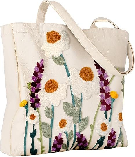 Aesthetic Embroidery Tote Bag for Women - Reusable Canvas Cute Shoulder Bag for Shopping, Grocery, Work, Book(Wild Flowers)
