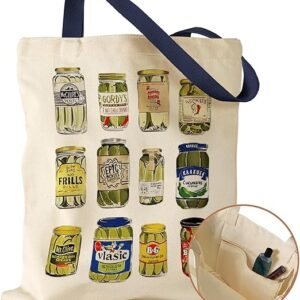 Aesthetic Canvas Tote Bag with Inner Pocket for Women, Cloth Cotton Totes Bag with Pattern for Shopping, Gym(Canned Pickle)