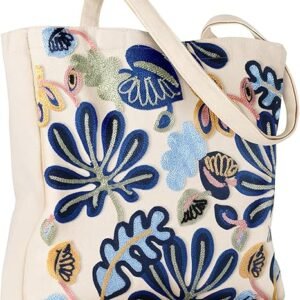 Aesthetic Embroidery Tote Bag for Women - Reusable Canvas Cute Shoulder Bag for Shopping, Grocery, Work, Book（Abstract）