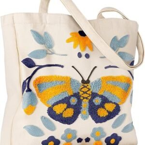 Aesthetic Embroidery Tote Bag for Women - Reusable Canvas Cute Shoulder Bag for Shopping, Grocery, Work, Book（Blue Butterfly）
