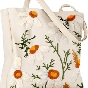 Aesthetic Embroidery Tote Bag for Women - Reusable Canvas Cute Shoulder Bag for Shopping, Grocery, Work, Book（Daisy）