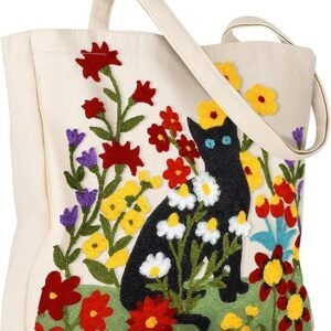 Aesthetic Embroidery Tote Bag for Women - Reusable Canvas Cute Shoulder Bag for Shopping, Grocery, Work, Book（Flower Cats）