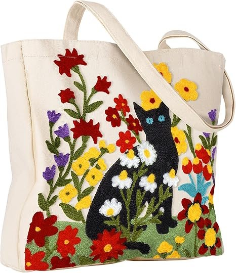 Aesthetic Embroidery Tote Bag for Women - Reusable Canvas Cute Shoulder Bag for Shopping, Grocery, Work, Book(Flower Cats)