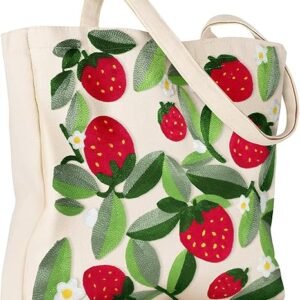 Aesthetic Embroidery Tote Bag for Women - Reusable Canvas Cute Shoulder Bag for Shopping, Grocery, Work, Book（Leaf Strawberry）
