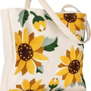 Aesthetic Embroidery Tote Bag for Women - Reusable Canvas Cute Shoulder Bag for Shopping, Grocery, Work, Book（Sunflower）