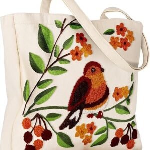Aesthetic Embroidery Tote Bag for Women - Reusable Canvas Cute Shoulder Bag for Shopping, Grocery, Work, Book（Tree Bird）