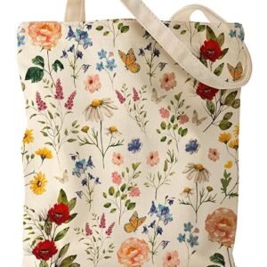Aesthetic Canvas Tote Bag - Reusable Shoulder Tote Bag for Women Lady Casual Vacation, Shopping, Work, Gym（Flowering Shrub）