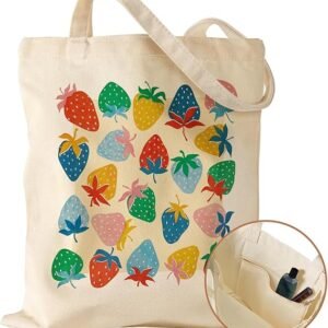 Aesthetic Canvas Tote Bag with Inner Pocket for Women, Cloth Cotton Totes Bag with Pattern for Shopping, Gym(Colorful Stawberry)
