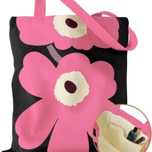 Aesthetic Canvas Tote Bag with Inner Pocket for Women, Cloth Cotton Totes Bag with Pattern for Shopping, Gym(Bk Pk Flower)