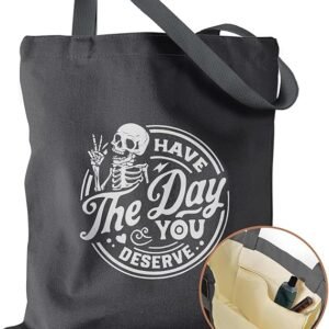 Aesthetic Canvas Tote Bag with Inner Pocket for Women, Cloth Cotton Totes Bag with Pattern for Shopping, Gym(Deserve Skull)