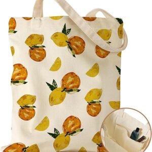 Aesthetic Canvas Tote Bag with Inner Pocket for Women, Cloth Cotton Totes Bag with Pattern for Shopping, Gym(Lemon)