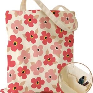 Aesthetic Canvas Tote Bag with Inner Pocket for Women, Cloth Cotton Totes Bag with Pattern for Shopping, Gym(Pk Flower)