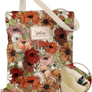 Aesthetic Canvas Tote Bag with Inner Pocket for Women, Cloth Cotton Totes Bag with Pattern for Shopping, Gym(Red Mushroom Flower)