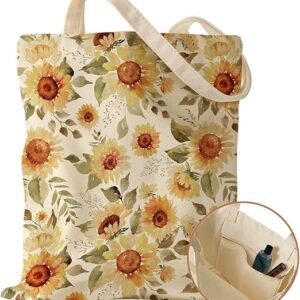 Aesthetic Canvas Tote Bag with Inner Pocket for Women, Cloth Cotton Totes Bag with Pattern for Shopping, Gym(Sunflower)