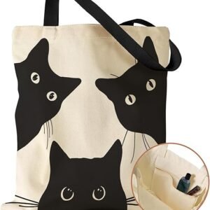 Aesthetic Canvas Tote Bag with Inner Pocket for Women, Cloth Cotton Totes Bag with Pattern for Shopping, Gym(Three Black Cat)