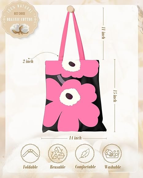 Aesthetic Canvas Tote Bag with Inner Pocket for Women, Cloth Cotton Totes Bag with Pattern for Shopping, Gym(Bk Pk Flower) - Image 2