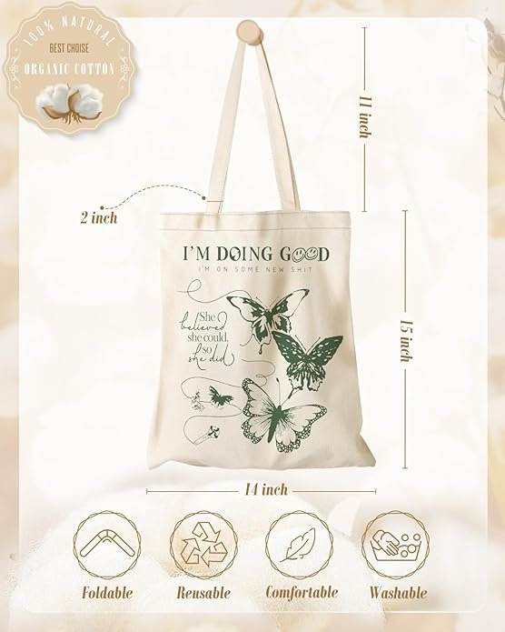 Aesthetic Canvas Tote Bag - Reusable Shoulder Tote Bag for Women Lady Casual Vacation, Shopping, Work, Gym(Butterfly Verse) - Image 3