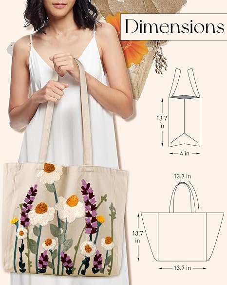 Aesthetic Embroidery Tote Bag for Women - Reusable Canvas Cute Shoulder Bag for Shopping, Grocery, Work, Book(Wild Flowers) - Image 5