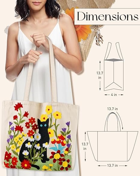 Aesthetic Embroidery Tote Bag for Women - Reusable Canvas Cute Shoulder Bag for Shopping, Grocery, Work, Book(Flower Cats) - Image 5
