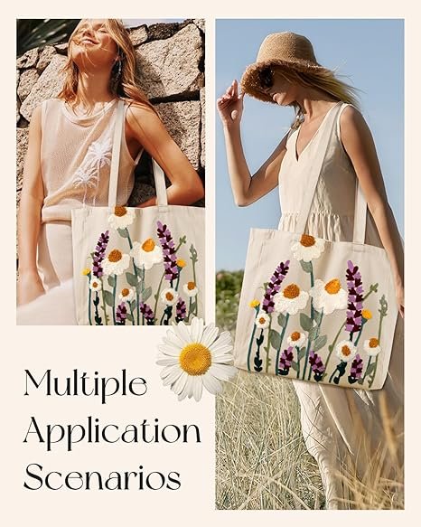 Aesthetic Embroidery Tote Bag for Women - Reusable Canvas Cute Shoulder Bag for Shopping, Grocery, Work, Book(Wild Flowers) - Image 6