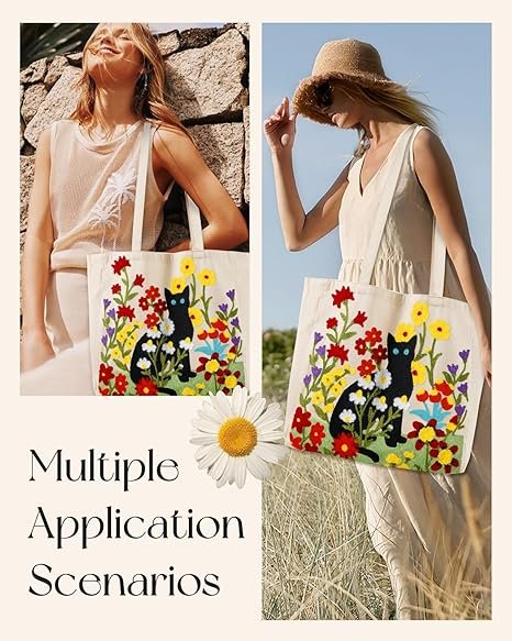 Aesthetic Embroidery Tote Bag for Women - Reusable Canvas Cute Shoulder Bag for Shopping, Grocery, Work, Book(Flower Cats) - Image 6