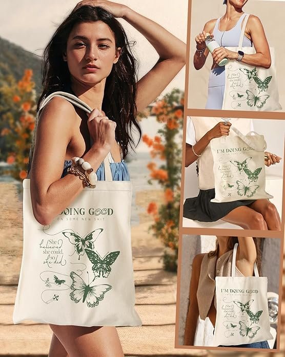 Aesthetic Canvas Tote Bag - Reusable Shoulder Tote Bag for Women Lady Casual Vacation, Shopping, Work, Gym(Butterfly Verse) - Image 6