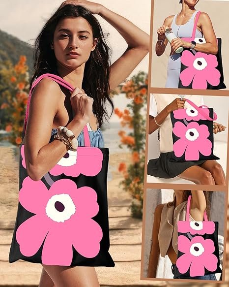 Aesthetic Canvas Tote Bag with Inner Pocket for Women, Cloth Cotton Totes Bag with Pattern for Shopping, Gym(Bk Pk Flower) - Image 5