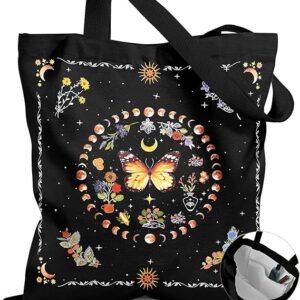Canvas Tote Bag for Women - Aesthetic Canvas Totes with Pockets Cute Reusable Cloths Ladies Shoulder Bag（ Black Butterfly Moon）