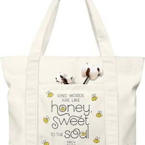 Large Canvas Tote Bag Zipper Closure - Outside Pocket Size 17.5''×14'' Aesthetic Boat Bag for Women Cotton（Bee）