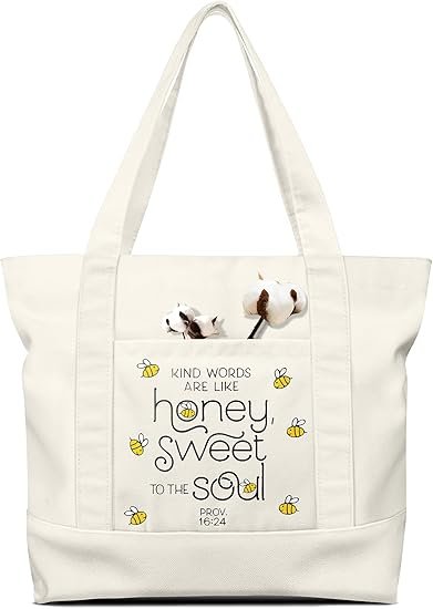 Large Canvas Tote Bag Zipper Closure - Outside Pocket Size 17.5''×14'' Aesthetic Boat Bag for Women Cotton(Bee)