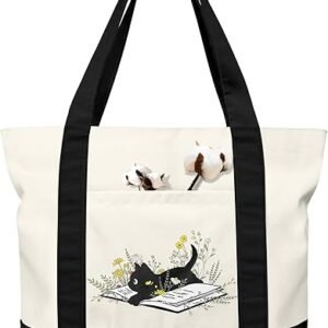 Large Canvas Tote Bag Zipper Closure - Outside Pocket Size 17.5''×14'' Aesthetic Boat Bag for Women Cotton（Black Cat）