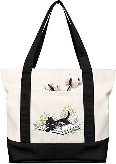 Large Canvas Tote Bag Zipper Closure - Outside Pocket Size 17.5''×14'' Aesthetic Boat Bag for Women Cotton(Black Cat)