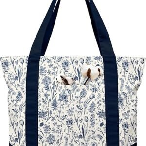 Large Canvas Tote Bag Zipper Closure - Outside Pocket Size 17.5''×14'' Aesthetic Boat Bag for Women Cotton（Blue Line Flower）