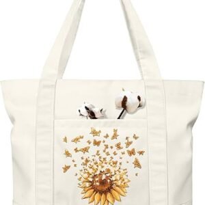 Large Canvas Tote Bag Zipper Closure - Outside Pocket Size 17.5''×14'' Aesthetic Boat Bag for Women Cotton（Blue Line Flower）