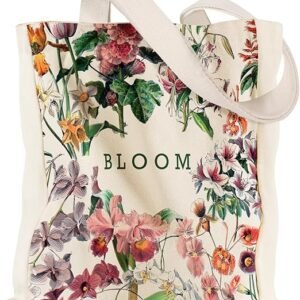 Aesthetic Heavy Canvas Tote Bag with Pocket for Women, Cloth Gusseted Totes Bag with Pattern for Shopping（Bloom）