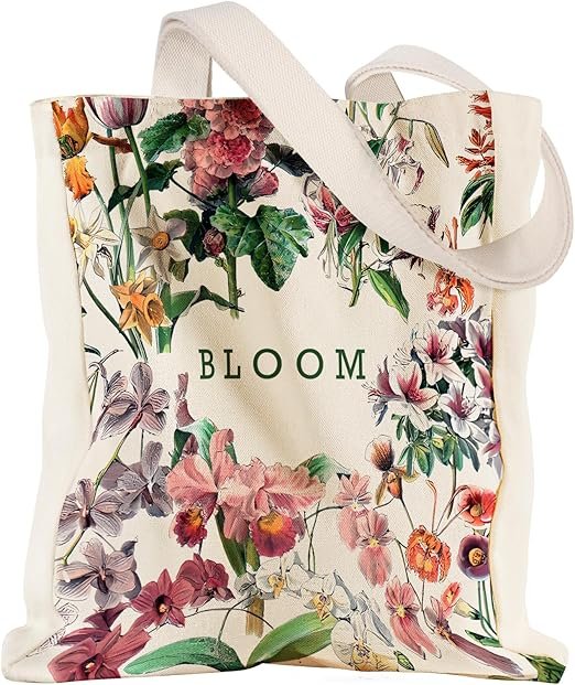 Aesthetic Heavy Canvas Tote Bag with Pocket for Women, Cloth Gusseted Totes Bag with Pattern for Shopping(Bloom)