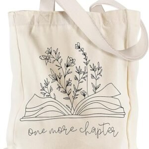 Aesthetic Heavy Canvas Tote Bag with Pocket for Women, Cloth Gusseted Totes Bag with Pattern for Shopping（Bookish Flower）
