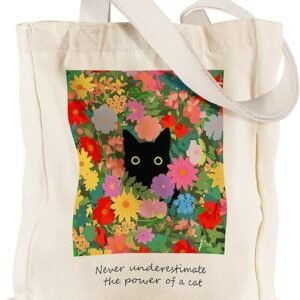 Aesthetic Heavy Canvas Tote Bag with Pocket for Women, Cloth Gusseted Totes Bag with Pattern for Shopping（Floral Cat）