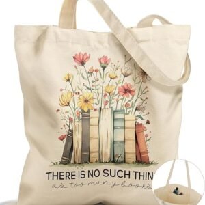 Canvas Tote Bag for Women - Aesthetic Canvas Totes with Pockets Cute Reusable Cloths Ladies Shoulder Bag（ Books Flower）