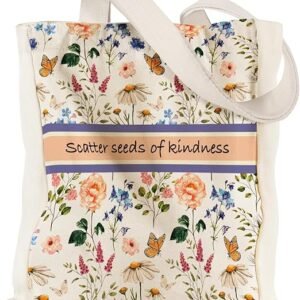 Aesthetic Heavy Canvas Tote Bag with Pocket for Women, Cloth Gusseted Totes Bag with Pattern for Shopping（Seeds of Kindness）