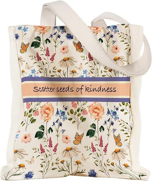 Aesthetic Heavy Canvas Tote Bag with Pocket for Women, Cloth Gusseted Totes Bag with Pattern for Shopping(Seeds of Kindness)