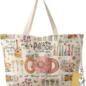 Large Tote Bag for Women - Aesthetic Cute Big Canvas Bags with Zipper Cotton Shoulder Bag for Gym, Travel, Work（Biblical God）