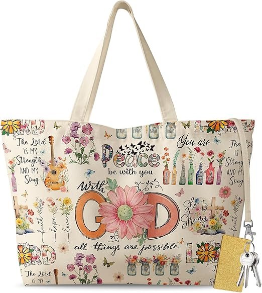 Large Tote Bag for Women - Aesthetic Cute Big Canvas Bags with Zipper Cotton Shoulder Bag for Gym, Travel, Work(Biblical God)